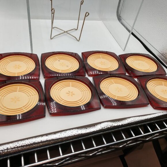 MCM Vintage Coasters set of 8 W/Metal Stand Plastic Amber with Cream Center - Picture 11 of 14